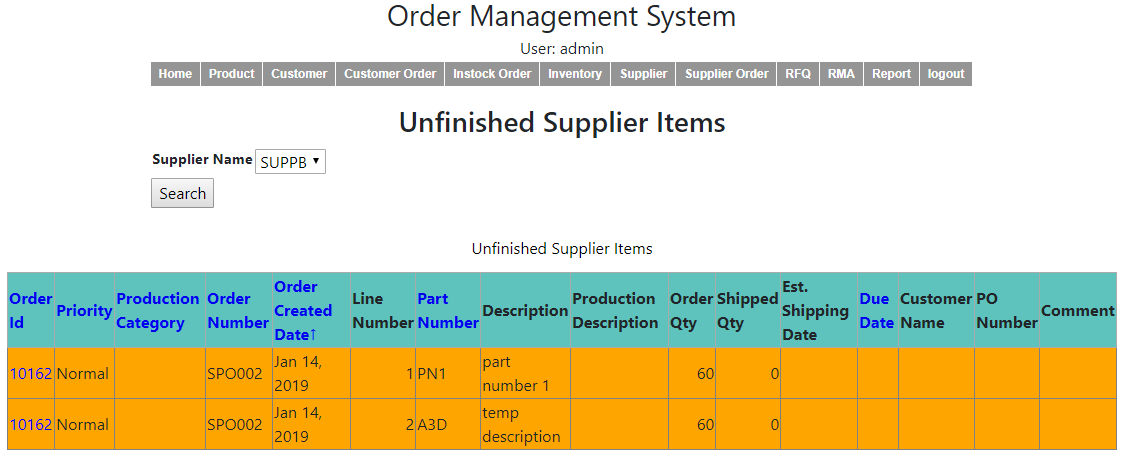 Unfinished Supplier Items